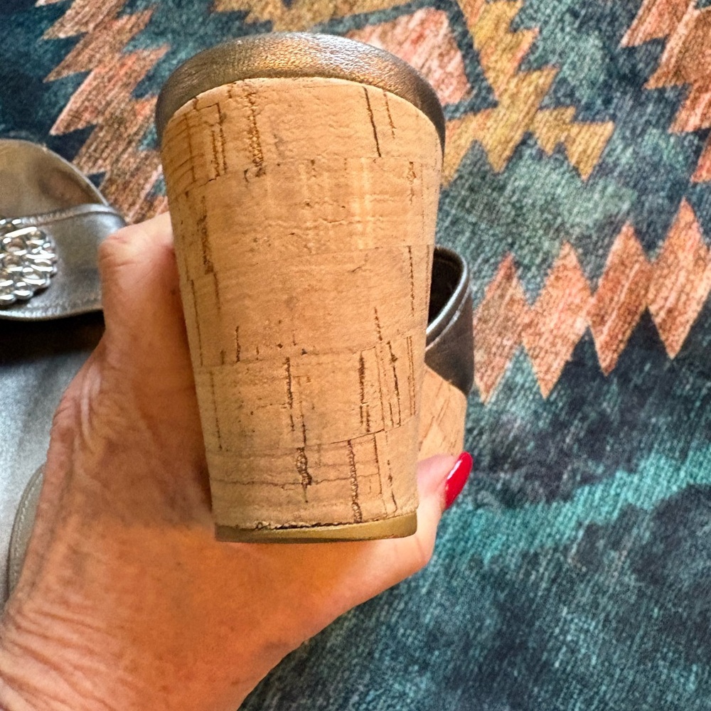 Coach Judith wedge sandals, metallic, cork heel; large signature pendant. - Picture 10 of 15